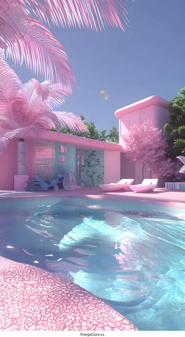 Pink Poolside Paradise: 3D Render of a Dreamy Vacation Home
