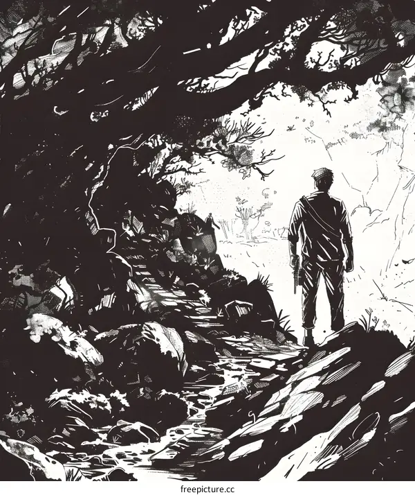 Man in Silhouette Standing on a Rocky Path