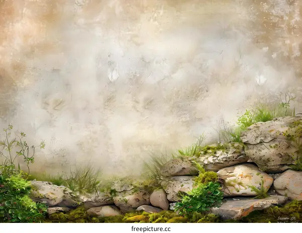 Vintage Stone Wall Texture Background with Moss and Greenery