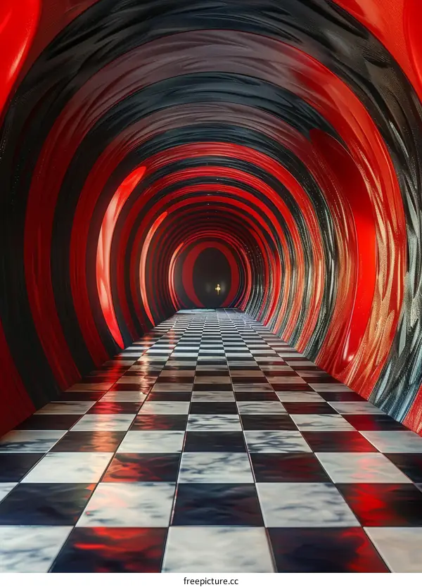 Red and black striped tunnel with a checkered floor