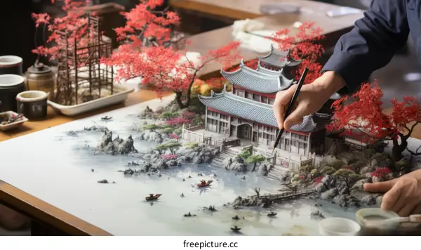 A Chinese artist is painting a picture of a traditional Chinese courtyard house