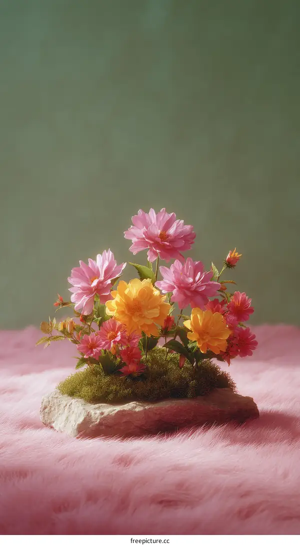 Arrangement of Colorful Artificial Flowers on a Pink Surface