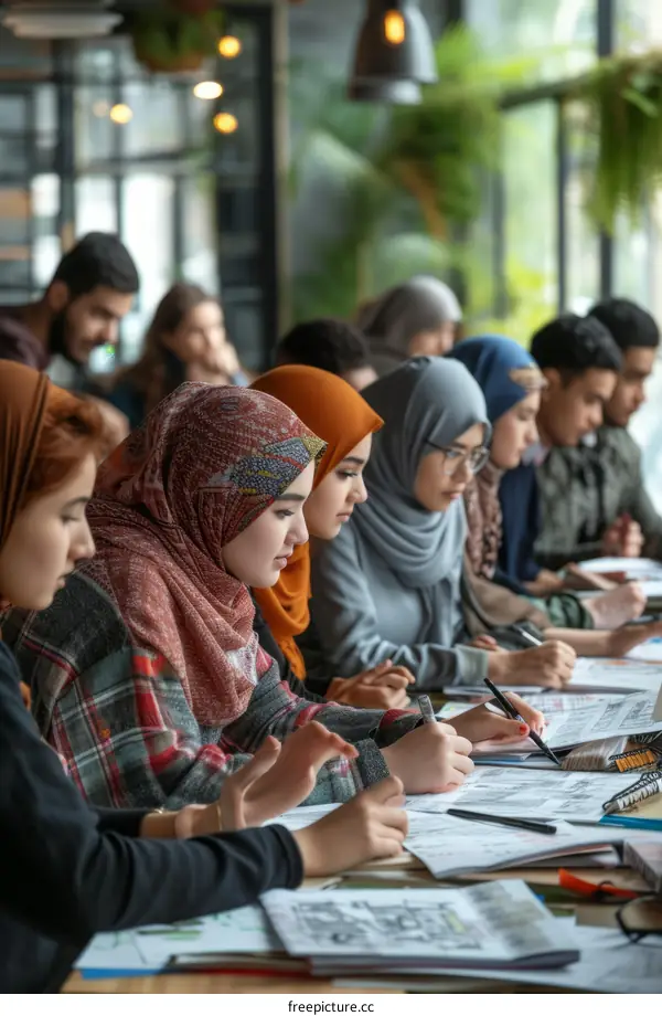 A group of university students are studying together in the library.