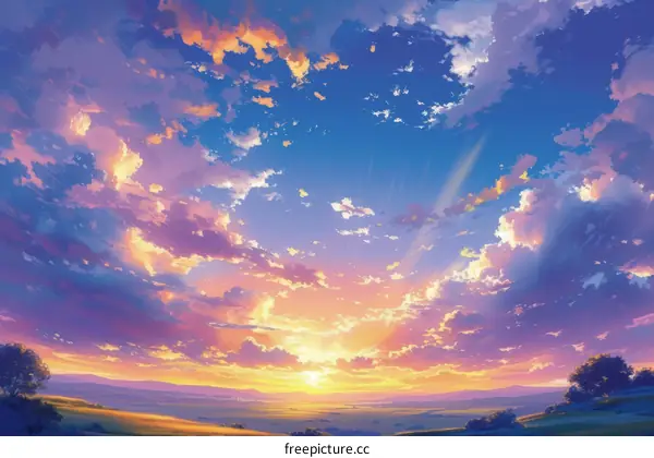 Landscape illustration of a beautiful sunset over a vast field