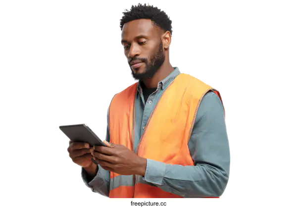 [Transparent Background PNG]African Man Using Digital Tablet