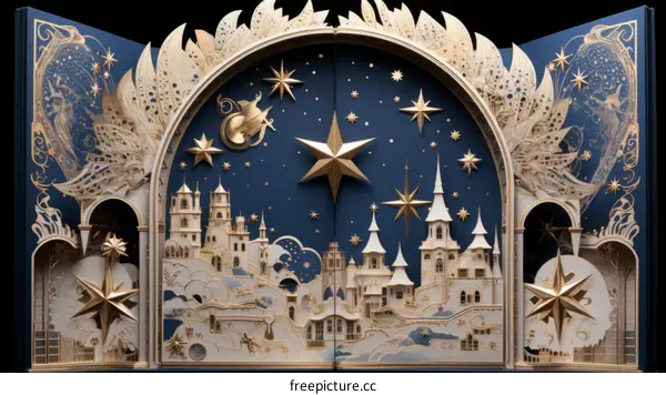 Whimsical illustration of a fantasy cityscape with stars and a crescent moon