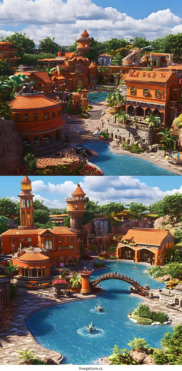 Tropical Resort Town with Towers and Water Features