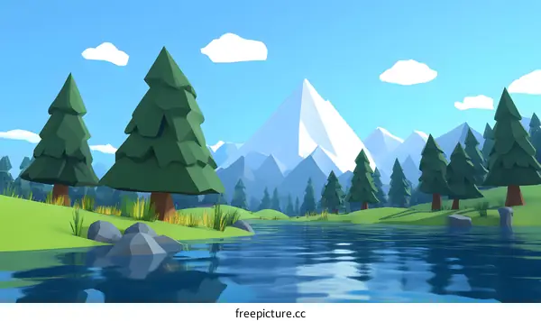 Low Poly Mountain Landscape with River and Trees
