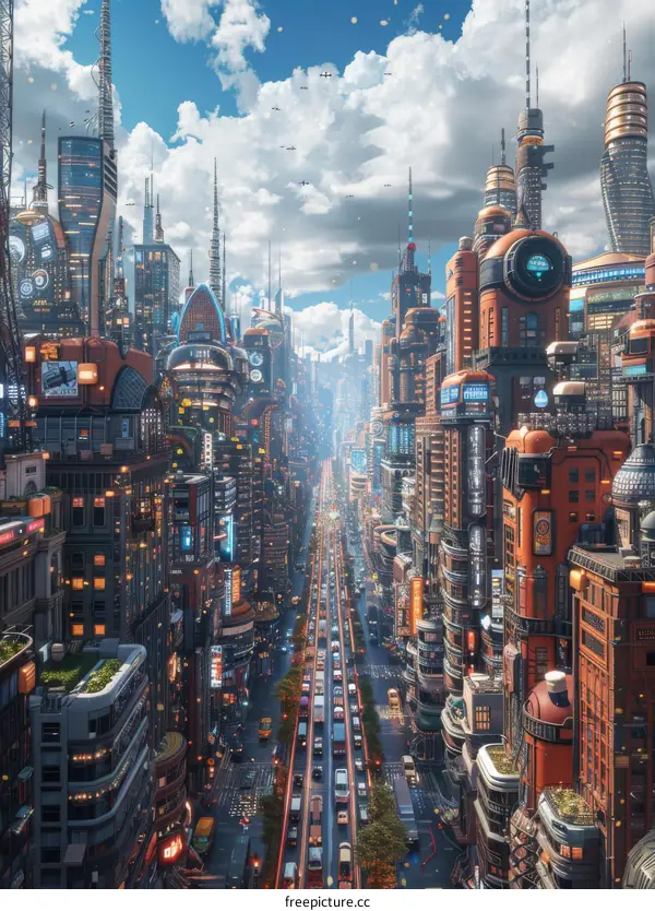 Futuristic City Skyline Aerial View Illustration