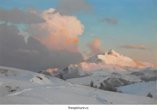 Dramatic Clouds Over Snowy Mountain Range at Sunset