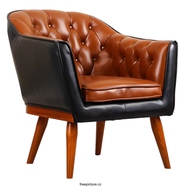 [Transparent Background PNG]Brown and Black Leather Armchair with Wooden Legs
