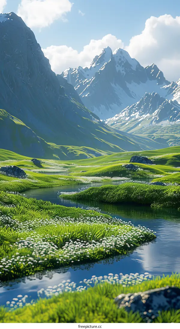 Alpine meadow with rippling stream and snow-capped peaks