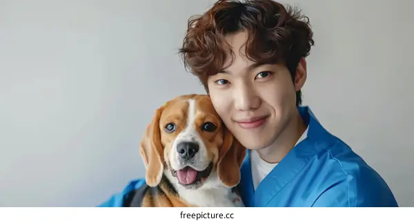 A young male veterinarian is hugging a beagle dog