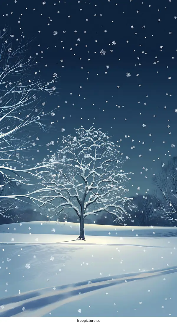 Winter Landscape With Snow Falling On Trees