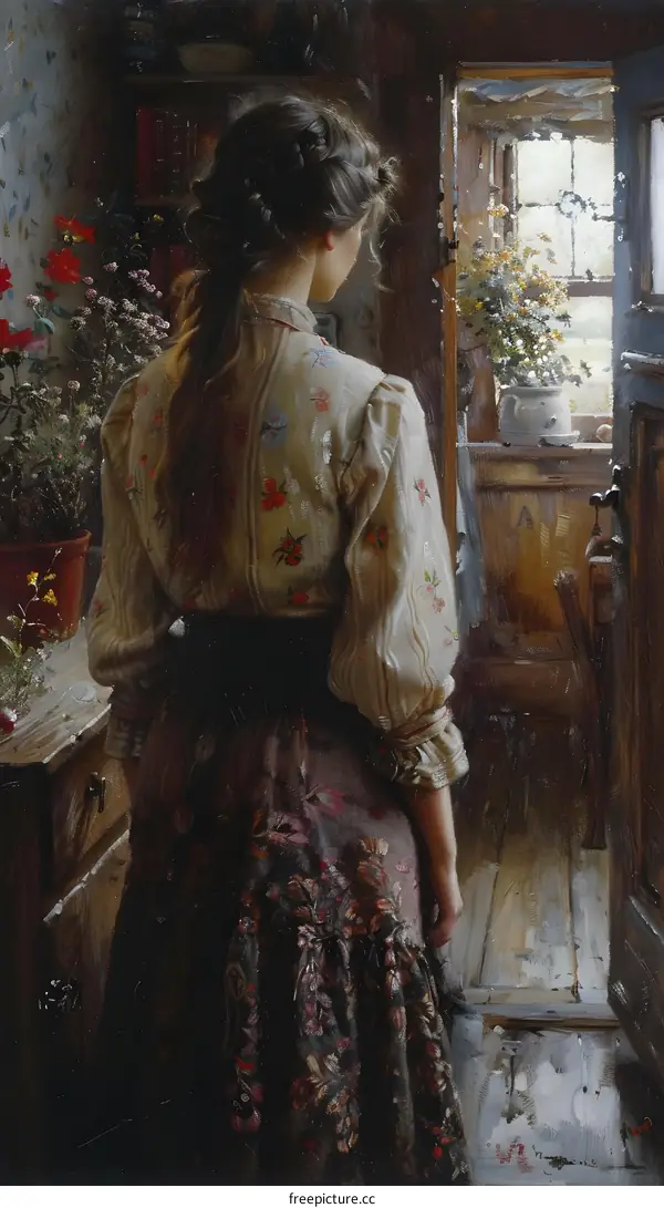 A woman standing in front of a door