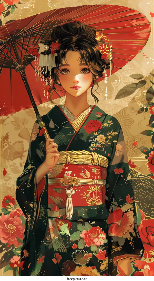 A beautiful Japanese woman in a kimono holding a red umbrella.