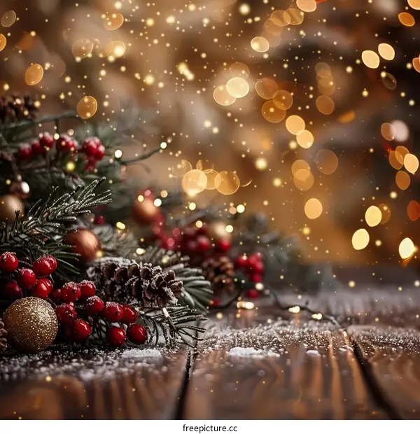 Christmas Background with Fir Branches, Red Berries and Golden Balls