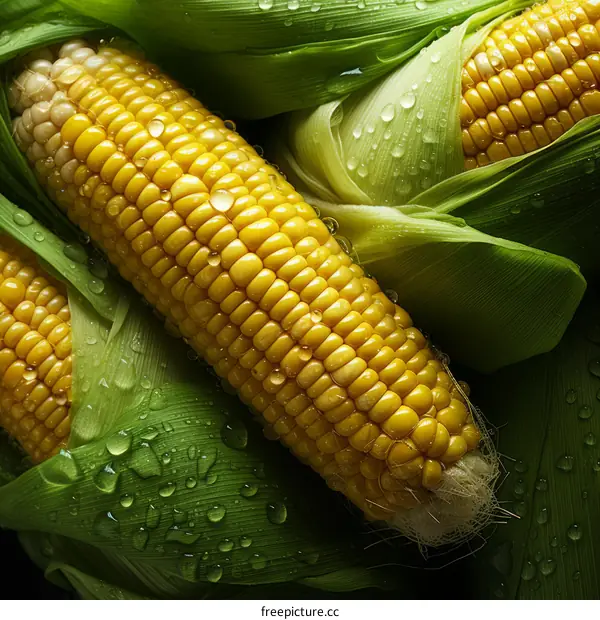 Close-up of fresh corn on the cob with green husks