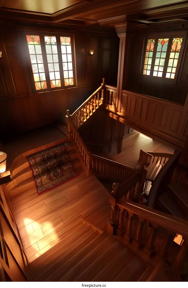 Wooden Staircase in a Grand Mansion