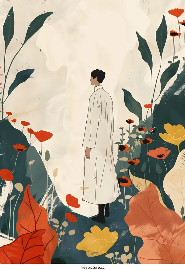 Person in a White Coat Walking Through a Field of Flowers