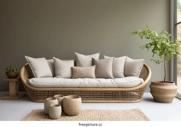 Stylish and Inviting Living Room with Curved Wicker Sofa and Jute Rug
