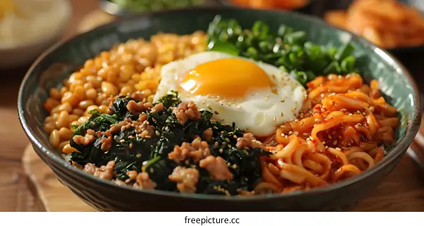 Korean Bibimbap Rice Bowl with Fried Egg and Vegetables
