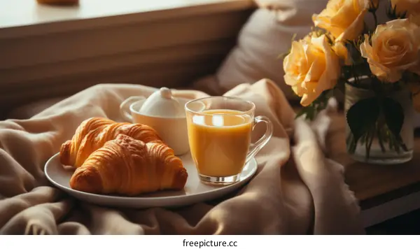 A delicious breakfast with croissants, orange juice, and roses
