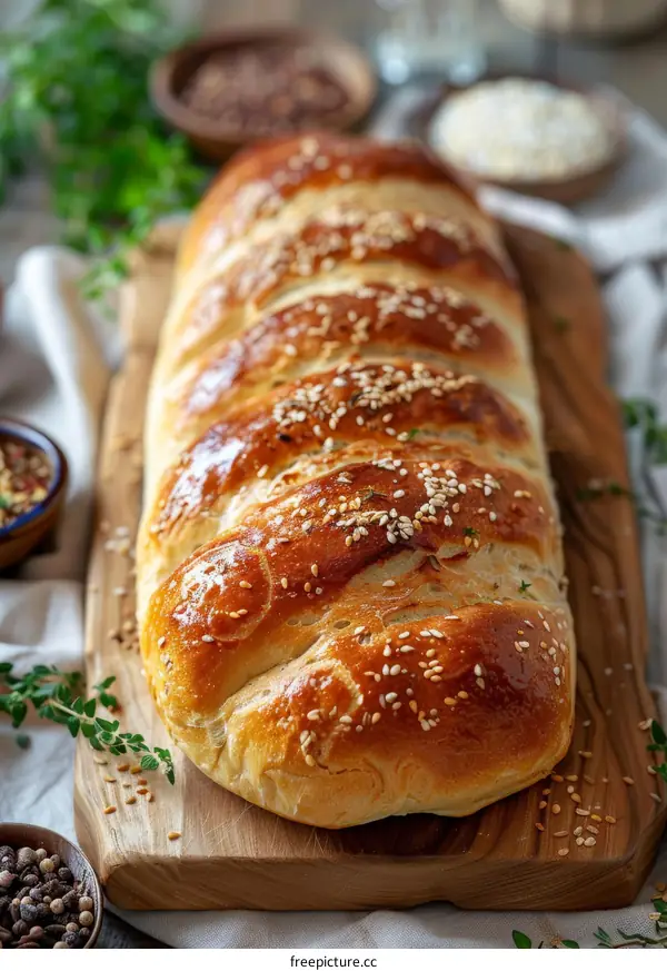 Freshly baked bread with sesame seeds on a wooden board