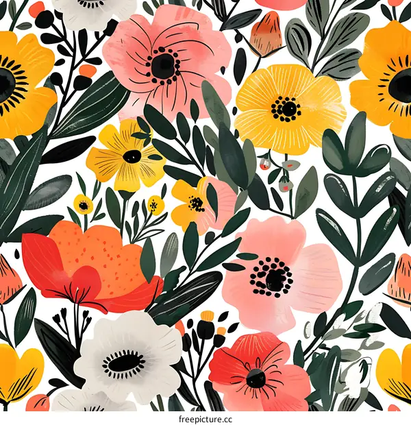 Floral Pattern with Colorful Flowers and Green Leaves