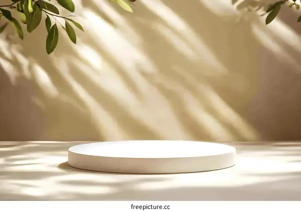 Empty Display Podium with Natural Sunlight and Leaves