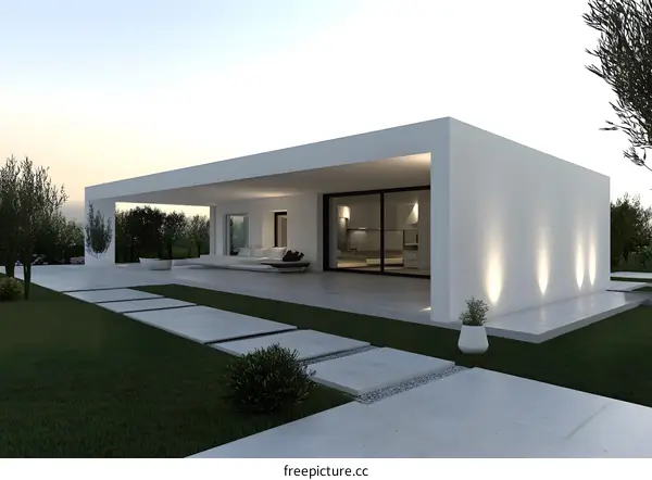 Modern Minimalist House with White Walls and Green Lawn