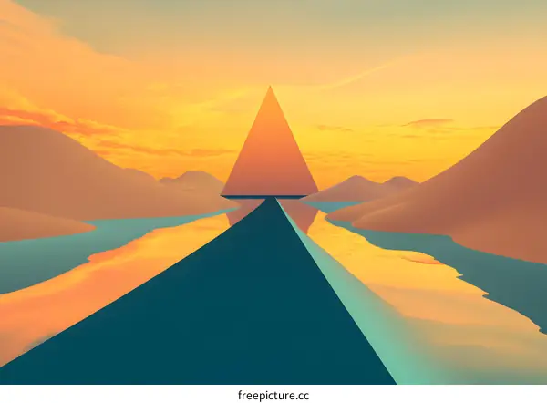 Abstract Minimalist Sunset Landscape with a Pyramid
