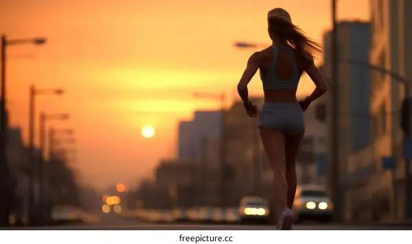 Female runner in the city at sunset