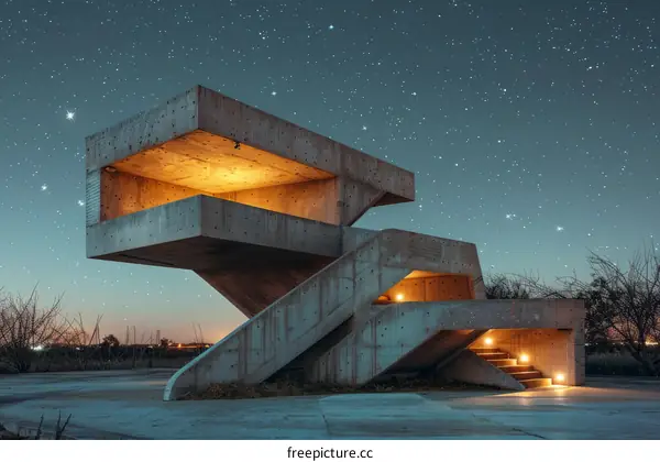 Modern concrete architecture with geometric shapes and a starry night sky