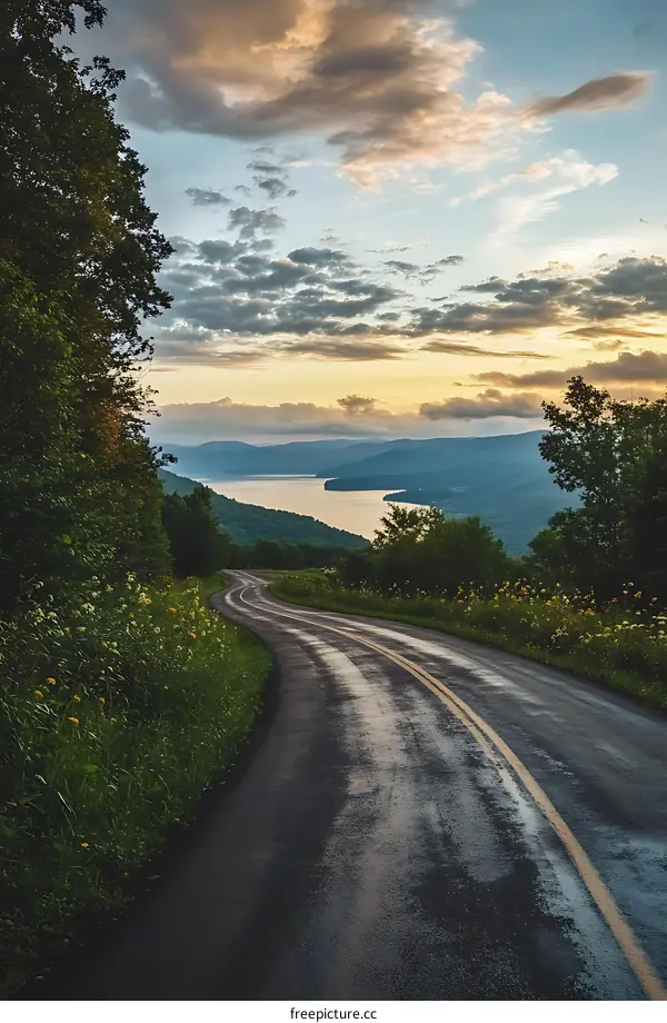 Scenic Winding Road with Lake and Mountain Views at Sunset