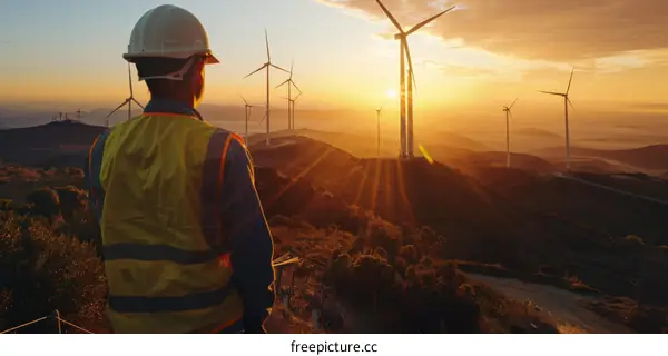 Wind turbines generate clean energy as the sun sets over the horizon
