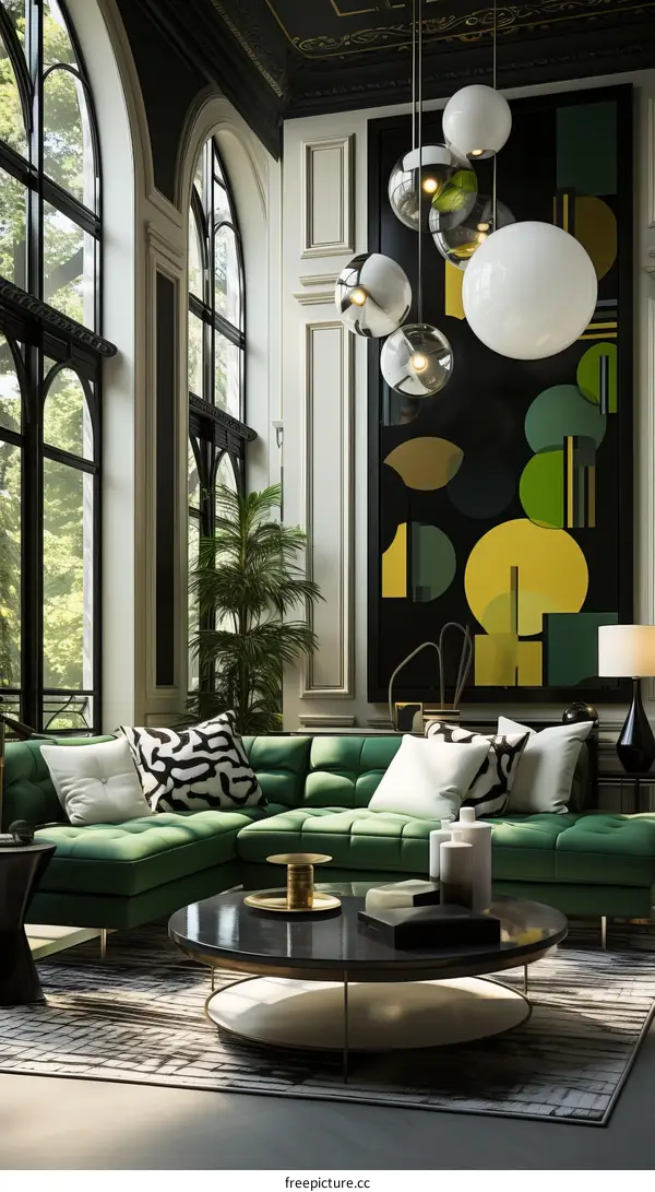 Modern living room interior with green sofa and abstract painting