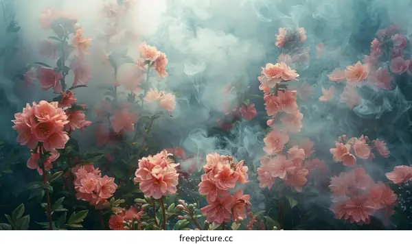 Dreamy Pink Flowers in a Misty Garden