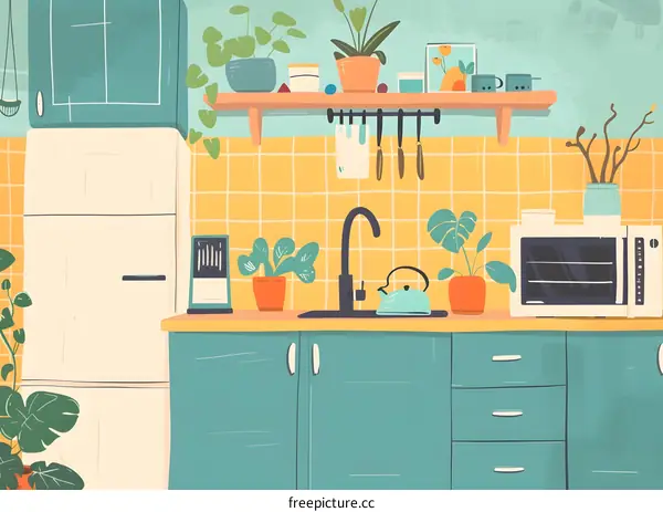 Kitchen Interior Illustration with Plants and Appliances