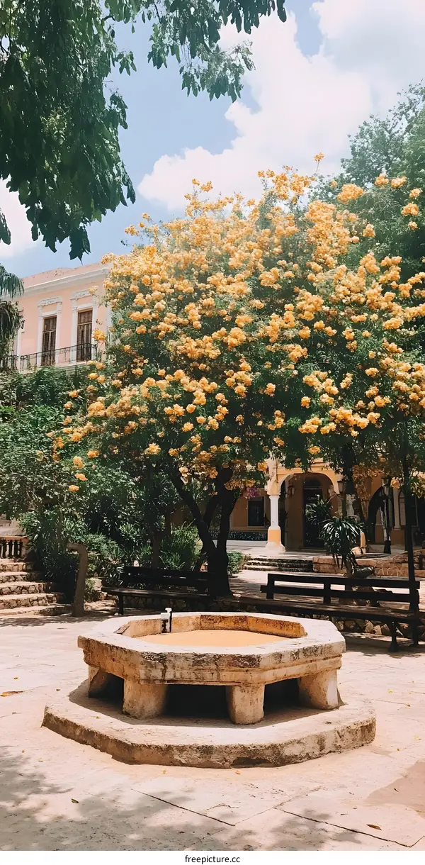 Stone Fountain Surrounded by Lush Greenery in Mexico
