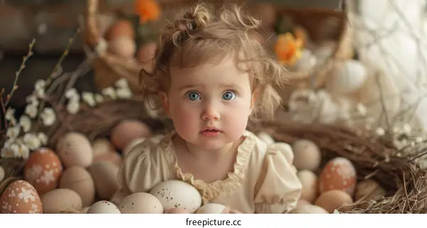 Portrait of a cute baby girl sitting in a nest of Easter eggs