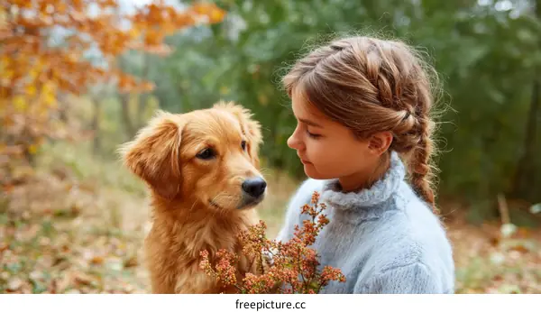 Autumn Day with a Golden Retriever and a Girl