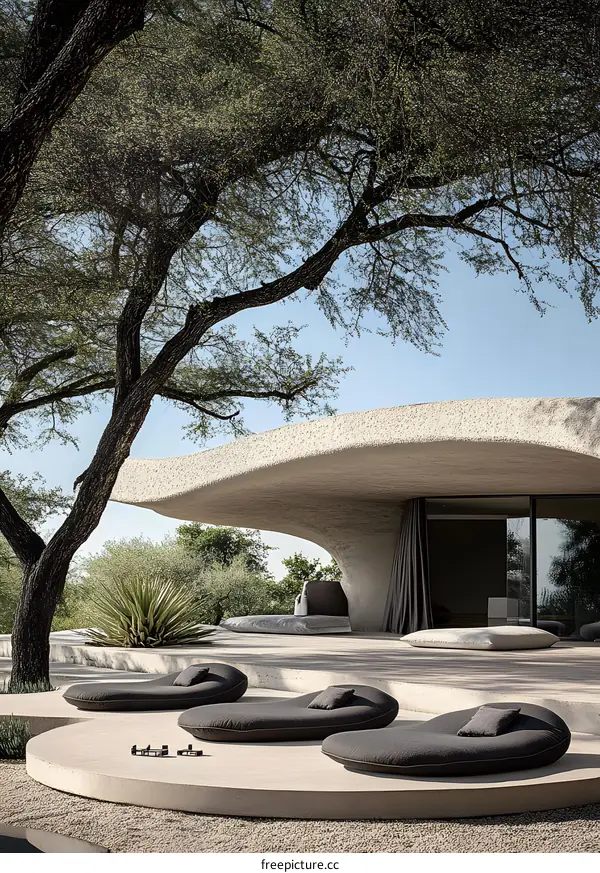 Modern Architecture Design with Curved Concrete Roof and Outdoor Furniture