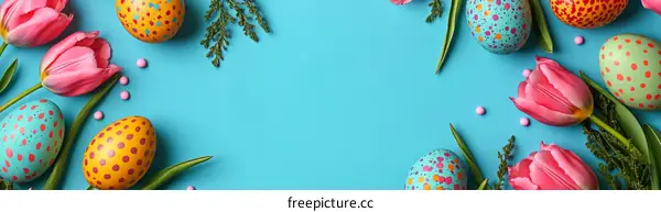 Easter Eggs and Tulips on a Teal Background