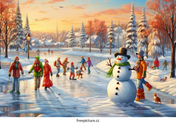children and snowman on a frozen lake in a snowy village