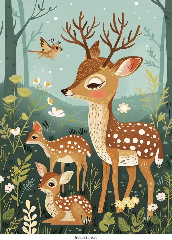 Cute Deer Family in the Forest Illustration
