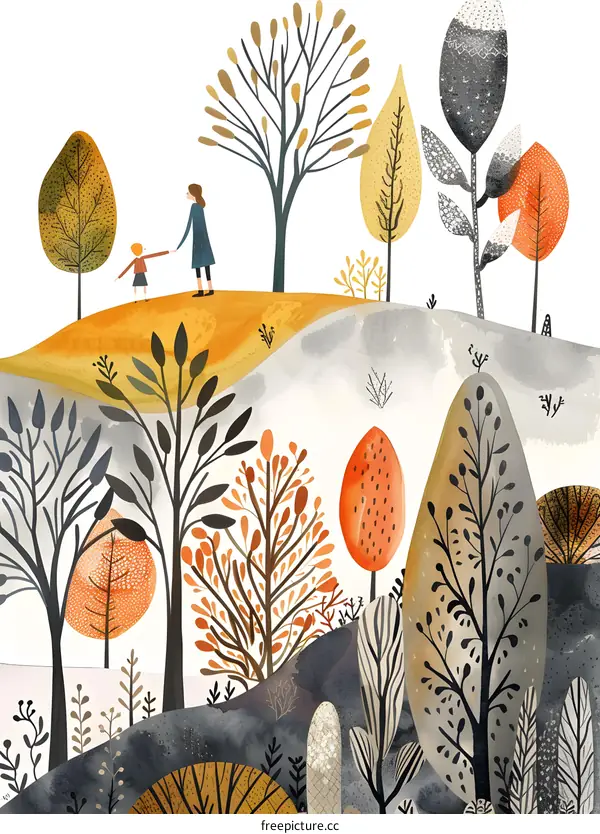 Autumn Illustration of Two People Walking in a Forest