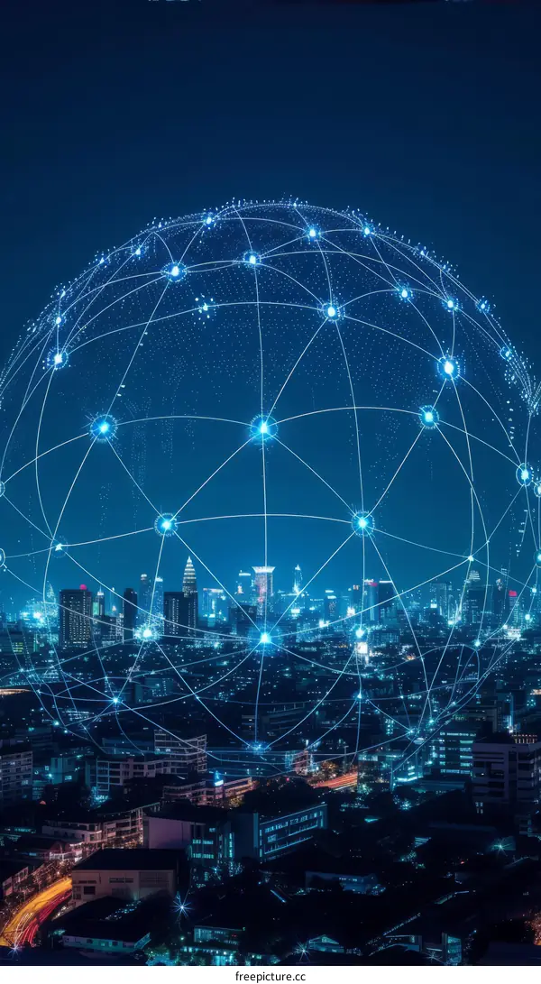 Blue and purple illustration of a city at night with a glowing blue sphere made of connected dots above it.