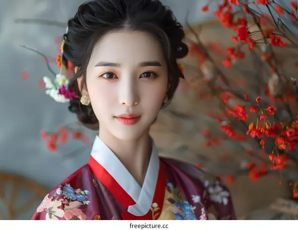 Portrait of a young woman in traditional Korean dress, or hanbok