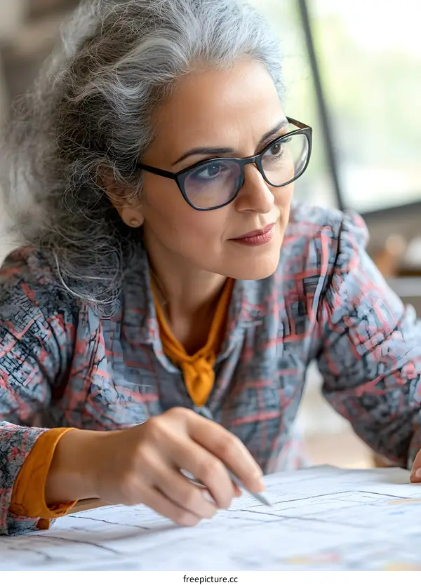Gray Haired Woman Looking At Blueprint